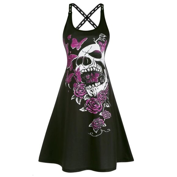 Skull & Rose Gothic Mini Dress – Cross Back Straps + A-Line Cut | S | Deadstock - Picture 1 of 4